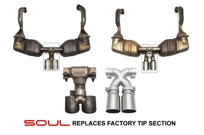 Porsche 987.1 Cayman / Boxster Bolt-On X-Pipe With Tips - "Long" Slash Cut Single Wall Tips  (Brushed Finish) - SOUL Performance